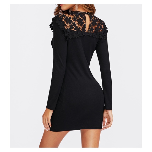 Black Lace Neckline Long Sleeve Bodycon Dress - Picture 5 of 5